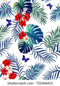 Beautiful seamless vector floral summer pattern background with tropical palm leaves. Template for wallpapers, web page backgrounds, textile, swimwear.