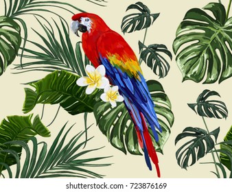 Beautiful seamless vector floral summer pattern background with parrot, palm leaves, plumeria. Perfect for wallpapers, web page backgrounds, surface textures, textile.