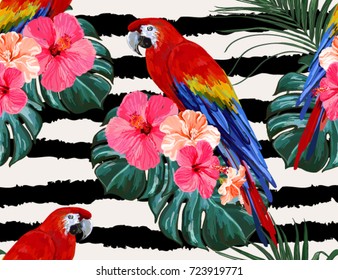 Beautiful seamless vector floral summer pattern background with tropical palm leaves, parrot ara, hibiscus. Perfect for wallpapers, web page backgrounds, surface textures, textile.