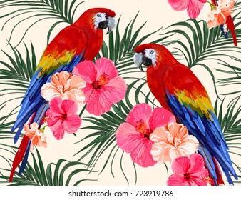 Beautiful seamless vector floral summer pattern background with tropical palm leaves, parrot ara, hibiscus. Perfect for wallpapers, web page backgrounds, surface textures, textile.