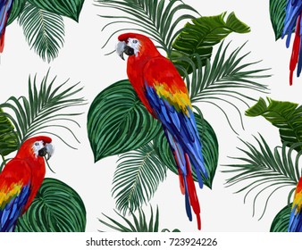 Beautiful seamless vector floral summer pattern background with parrot, palm leaves, plumeria. Perfect for wallpapers, web page backgrounds, surface textures, textile.