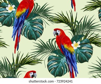 Beautiful seamless vector floral summer pattern background with parrot, palm leaves, plumeria. Perfect for wallpapers, web page backgrounds, surface textures, textile.