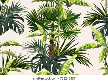 Beautiful seamless vector floral summer pattern with palm trees, banana palm tree, coconut palm leaves. Perfect for wallpapers, web page backgrounds, surface textures, textile.