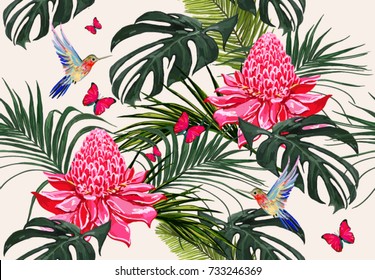 Hermoso fondo vectorial de verano floral sin fisuras con colibrí, hojas de palma, mariposas, flores tropicales. Perfecto para fondos de escritorio, fondos de página web, texturas superficiales, textiles.