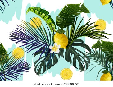 Beautiful seamless vector floral summer pattern background with tropical palm leaves,  flowers, banana, lemon. Perfect for wallpapers, web page backgrounds, surface textures, textile.