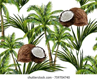 Beautiful seamless vector floral summer pattern with palm trees, coconut fruit, tropical leaves.  Perfect for wallpapers, web page backgrounds, surface textures, textile.