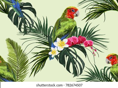 Beautiful seamless vector floral summer pattern background with tropical palm leaves, parrot, orchid flowers, plumeria. Perfect for wallpapers, web page backgrounds, surface textures, textile.