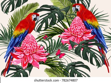 Beautiful seamless vector floral summer pattern background with tropical palm leaves, parrot ara, hibiscus, butterfly. Perfect for wallpapers, web page backgrounds, surface textures, textile.