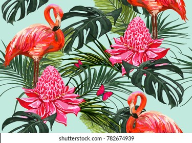 Beautiful seamless vector floral summer pattern background with tropical palm leaves, flamingo, flowers. Perfect for wallpapers, web page backgrounds, surface textures, textile.