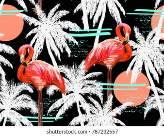 Beautiful seamless vector floral summer pattern background with palm trees and pink flamingo. Perfect for wallpapers, web page backgrounds, surface textures, textile.