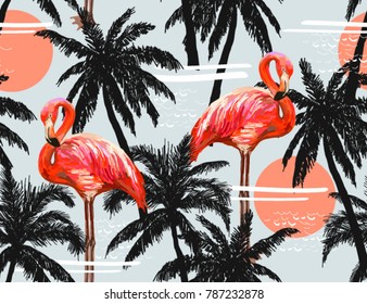 Beautiful seamless vector floral summer pattern background with palm trees and pink flamingo. Perfect for wallpapers, web page backgrounds, surface textures, textile.