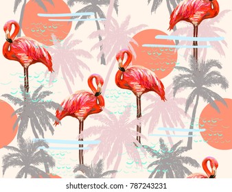 Beautiful seamless vector floral summer pattern background with palm trees and pink flamingo. Perfect for wallpapers, web page backgrounds, surface textures, textile.