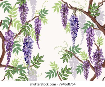 Beautiful seamless vector floral summer pattern background with tropical flowers, wisteria. Perfect for wallpapers, web page backgrounds, surface textures, textile. svg