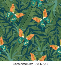 Beautiful seamless vector floral summer pattern background with tropical palm leaves, flowers and butterfly for wallpapers, web page backgrounds, surface textures, textile, wedding invitation, busines