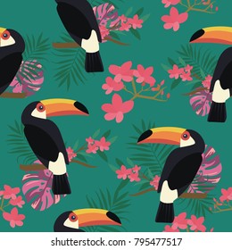 Beautiful seamless vector floral summer pattern background with tropical palm leaves, flowers and birds for wallpapers, web page backgrounds, surface textures, textile, wedding invitation, business ca