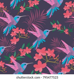 Beautiful seamless vector floral summer pattern background with tropical palm leaves, flowers and birds for wallpapers, web page backgrounds, surface textures, textile, wedding invitation, business ca