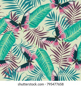 Beautiful seamless vector floral summer pattern background with tropical palm leaves, flowers and butterfly for wallpapers, web page backgrounds, surface textures, textile, wedding invitation, busines