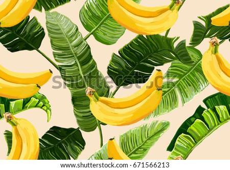 Beautiful seamless vector floral summer pattern with  banana leaves and bananas. Perfect for wallpapers, web page backgrounds, surface textures, textile.