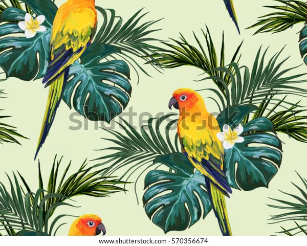 Beautiful seamless vector floral summer pattern background with parrot, palm leaves, plumeria. Perfect for wallpapers, web page backgrounds, surface textures, textile.