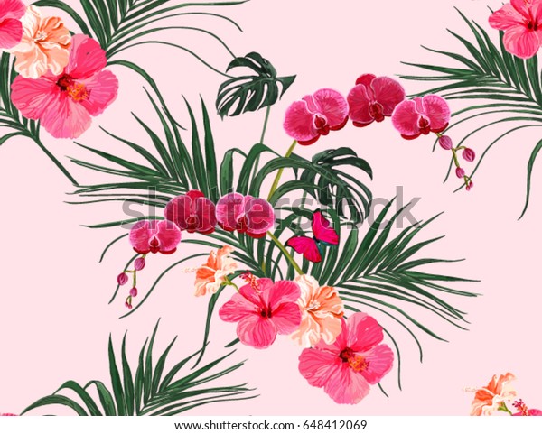 熱帯のヤシの葉 ラン ハイビスカスを持つ 美しいシームレスなベクター画像の花柄 の夏のパターン 壁紙 ウェブページの背景 表面のテクスチャー 繊維に最適 のベクター画像素材 ロイヤリティフリー 648412069