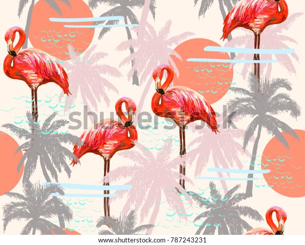 Beautiful seamless vector floral summer pattern background with palm trees and pink flamingo. Perfect for wallpapers, web page backgrounds, surface textures, textile.