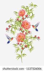 Beautiful seamless vector floral summerillustration background with bamboo branches, birds, peony sakura flowers. Perfect for wallpapers, web page backgrounds, surface textures, textile.