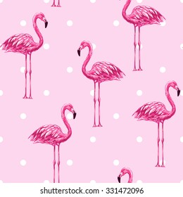 Beautiful seamless vector floral tropical pattern background with pink flamingos. Abstract geometric texture, polka dot