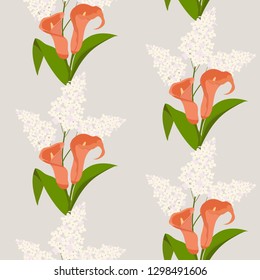 Beautiful seamless vector illustration with delicate calla flowers and lilac on a light background. For decorating textiles, packaging, web design.