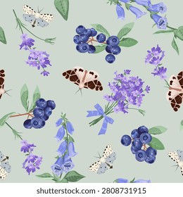 A beautiful, seamless vector illustration featuring lavender, 
digitalis, and blueberries against a gray background. Perfect for textile decoration or packaging.