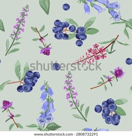 A beautiful, seamless vector illustration featuring wild herbs, flowers, and blueberries against a gray background. Perfect for textile decoration or packaging.