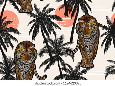 Beautiful seamless vector japanese  summer pattern background with tropical palm trees, tiger, sunrise. Perfect for wallpapers, web page backgrounds, surface textures, textile. The janapese ornament