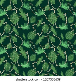 Beautiful seamless vector maple leaf pattern, spring summer background with tropical flowers, palm leaves, jungle leaf, hibiscus, bird of paradise flower. Exotic wallpaper.