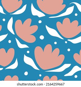 Beautiful seamless vector pattern with abstract pink flowers and white leaves on blue background. Abstract, creative and elegant pattern perfect for paper, print, interior decoration and textile