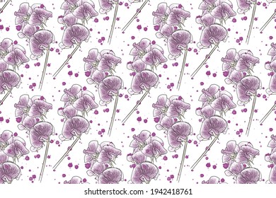 Beautiful seamless vector pattern, background with purple sweet pea flowers in watercolor style
