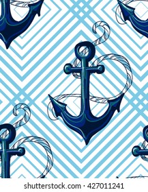 Beautiful seamless vector pattern background with anchor. Abstract geometric texture, stripes. Perfect for wallpapers, web page backgrounds, surface textures, textile.