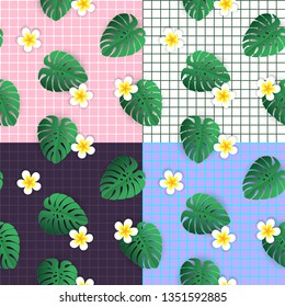Beautiful seamless vector pattern backgrounds set with tropical plumeria flowers and monstera leaves