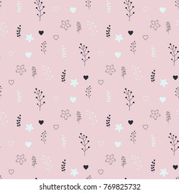 Beautiful seamless vector pattern with branches, flowers, hearts and leaves 