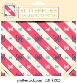 Beautiful seamless vector pattern with butterflies and a wide oblique lines.