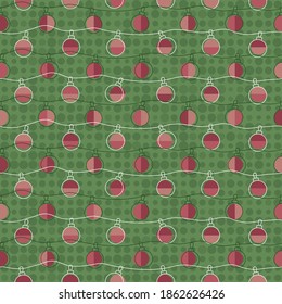 Beautiful seamless vector pattern with Christmas balls on polka dot background. Geometric and Hand-Drawn Vector Illustration for greeting cards, wrapping paper and stationery.  