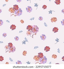 Beautiful seamless vector pattern with colorful cosmos flowers