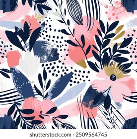 Beautiful seamless vector pattern with flowers and leaves on a white background, great for textile design or art projects. It features plants, petals, and creative arts. A beautiful floral design