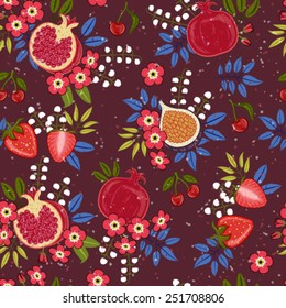 Beautiful seamless vector pattern with fruits and flowers