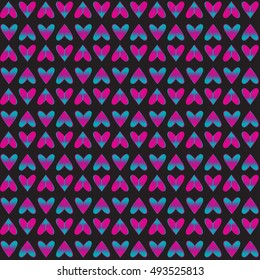 Beautiful seamless vector pattern. Girlish Repeated backdrop for wallpaper, surface textures,  fashion, childish, girls. Gradient pink, blue colors on black background. Set of hearts