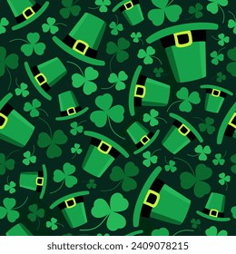 A beautiful seamless vector pattern of green leprechaun hats and shamrocks. St. Patrick's Day. Lucky clover. Background for an Irish party.