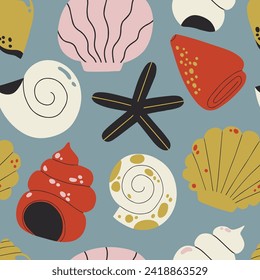 Beautiful seamless vector pattern with hand drawn seashells. Abstract nautical texture with shells and starfish. Underwater coral background