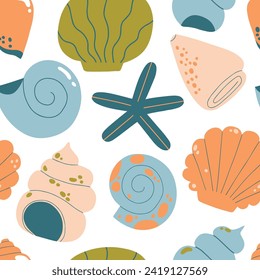Beautiful seamless vector pattern with hand drawn seashells. Abstract nautical texture with shells and starfish. Underwater coral background
