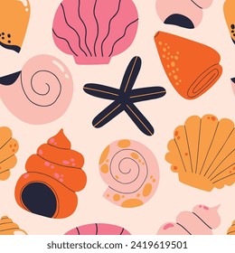 Beautiful seamless vector pattern with hand drawn seashells. Abstract nautical texture with shells and starfish. Underwater coral background