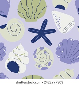 Beautiful seamless vector pattern with hand drawn seashells. Abstract nautical texture with shells and starfish. Underwater coral background