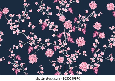 Beautiful seamless vector pattern with japanese flowers, paradise flowers, magnolias, spring wallpaper, branches. Perfect for wallpapers, web page backgrounds, surface textures, textile.