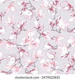 Hermoso patrón de Vector sin costuras con flores japonesas, flores del paraíso, magnolias, Fondos de pantalla de primavera, ramas. Ideal para Fondos de pantalla, fondos de página de Web, texturas de superficie, textiles.
